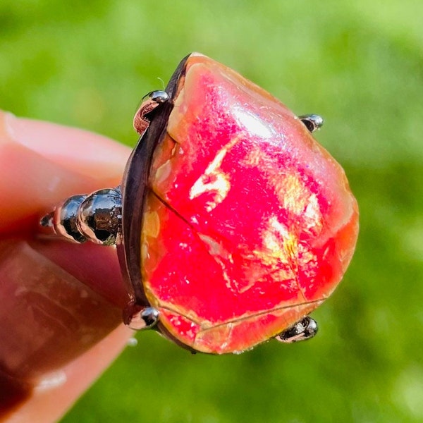 Ammolite Ring (1) Red Ammolite Ring, Flashy Rainbow Crystal Fossil Shell Ring Silver 925 Gemstone Ring Jewelry, Adjustable Ring