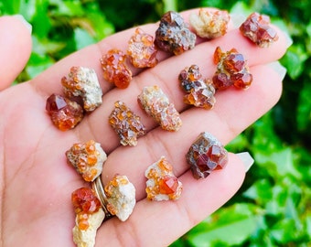 Raw Spessartine Garnet Crystal Cluster: Burnt Orange Stone on Matrix (XXS)
