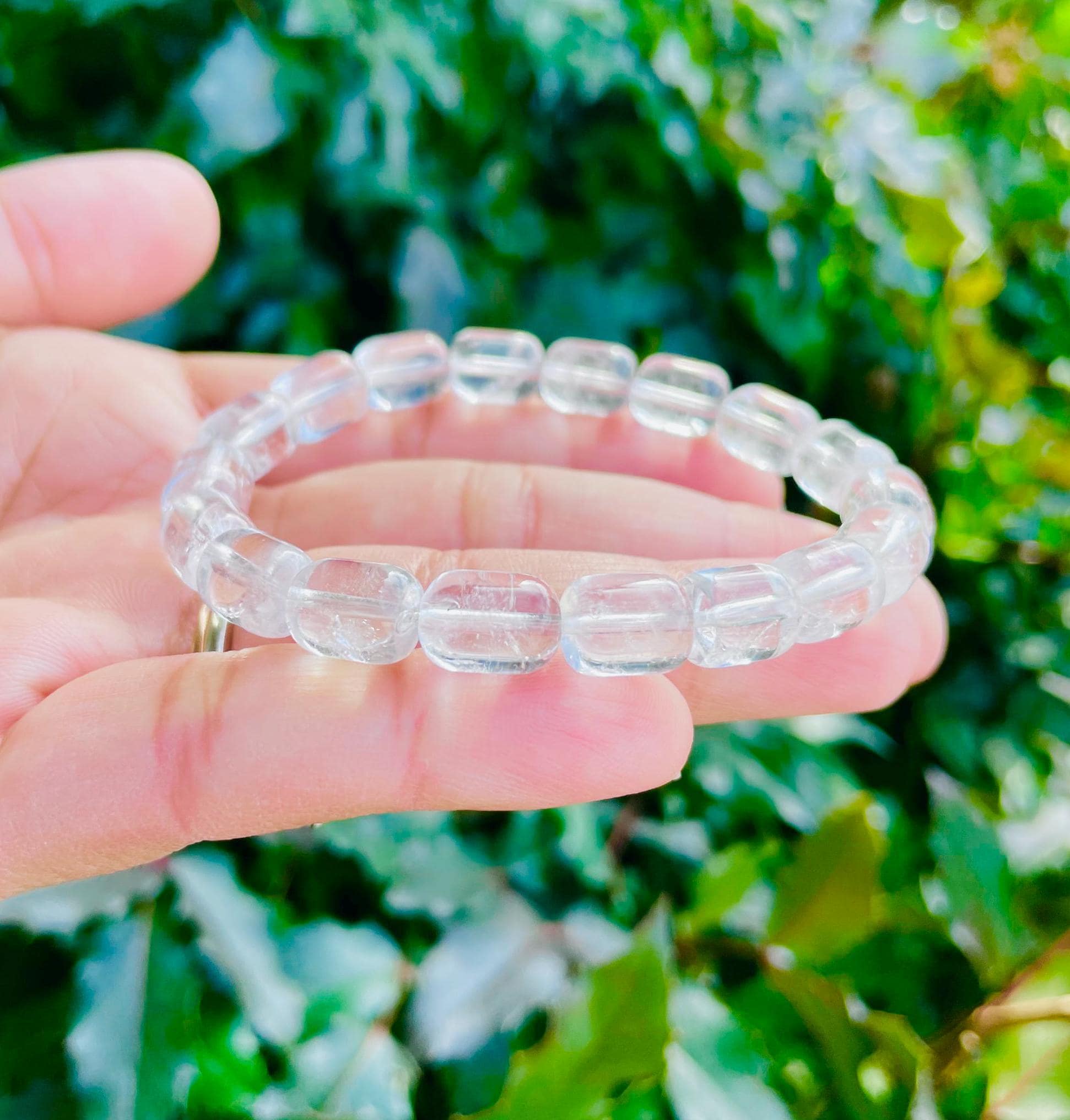 Natural Clear Quartz Crystal Bracelet: Round Barrel Bead Gemstone