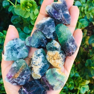 Pu&ograve; includere: Una collezione di cristalli di fluorite verde, blu e viola. I cristalli sono grezzi e hanno un aspetto naturale non lucidato.