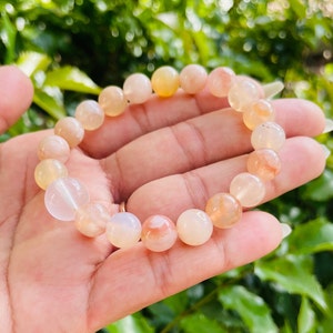Flower Agate Crystal Bracelet: Round Bead Gemstone, Pink Orange Cream