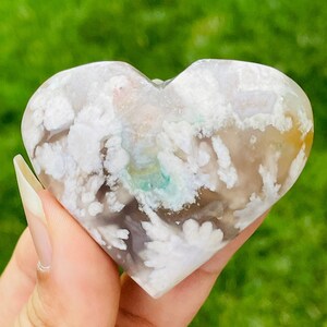 Green Flower Agate Crystal Heart (55.9G) Flower Agate Heart Stone, Tumbled Natural Gemstone