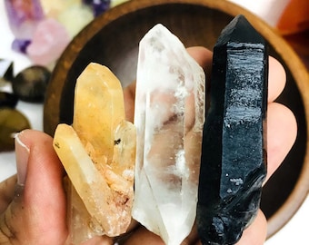 Raw Quartz Points Set: Clear, Smoky, Citrine Crystals - Mixed Lot