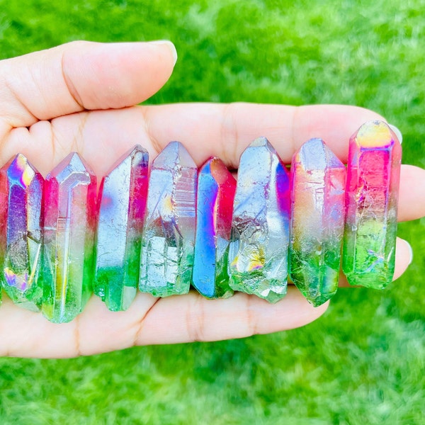 Angel Aura Quartz Crystal (1) Green Pink Aura Quartz Point, ONE Crystal Watermelon Rainbow Aura Crystal Gemstone