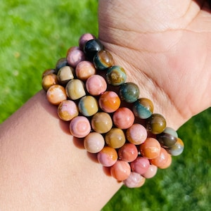 Alashan Agate Bracelet (1) One Agate Crystal Bracelet, High Quality Rainbow Alashan Agate Crystal Round Bead Gemstone Bracelet