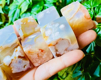 Flower Agate Crystal Cube: XL Polished Cherry Blossom Stone