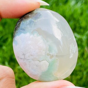 Green Flower Agate Palm Stone, Pastel Cherry Blossom Agate Polished, Unique Flower Agate Crystal  (49.22G)