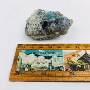 Op de afbeelding: Een cluster van blauwe, groene en paarse fluorietkristallen ingebed in een grijze rotsmatrix. De kristallen zijn scherp en goed gedefinieerd, met een glazige glans. De rots is ongeveer 10 cm breed.