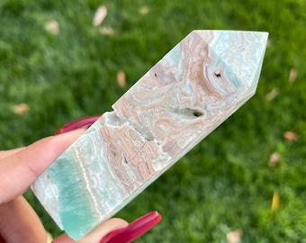Caribbean Calcite Crystal Tower: Blue Aragonite Point with Druzy