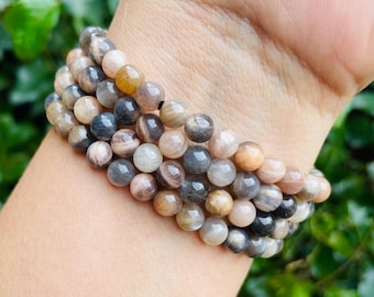 Mini Grey Cream Sunstone Peach Moonstone Bracelet: Flashy Gemstone Crystal Bracelet (5-7" wrist)