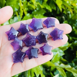 May include: A collection of ten amethyst star-shaped crystals in various sizes, displayed on a hand.