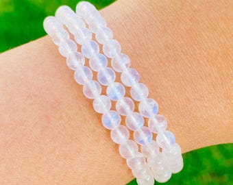 Blue Flash Moonstone Crystal Bracelet: Round Beaded Gemstone Jewelry