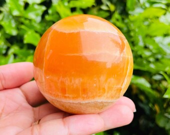 XL Orange Kalcitkula: 244G Naturlig Ädelstenskristall Display 65 MM