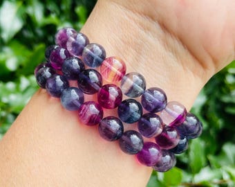 Candy Rainbow Fluorite Crystal Bracelet: Round Beaded Gemstone Jewelry