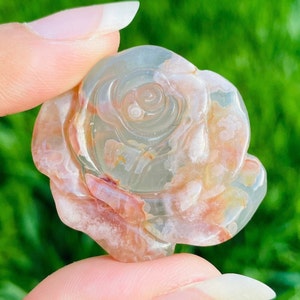 Flower Agate Rose Carving (1) Flower Agate Crystal Carving, Flower Agate Stone, Clear White Pink Flower Agate Rose