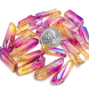 Pink Yellow Angel Aura Quartz Points Lot, 100 Grams Rainbow Aura Quartz Crystals 20-25 Pieces
