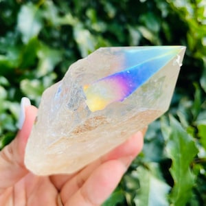 Angel AURA Quartz Point (362G) Clear Quartz Crystal Point Rainbow Crystal Gemstone Point Half Polished Half Raw Crystal