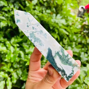 Moss Agate Tower (142.4G) Moss Agate Crystal, Moss Agate Point, White Green Jasper Agate Crystal Tower Point Natural Gemstone