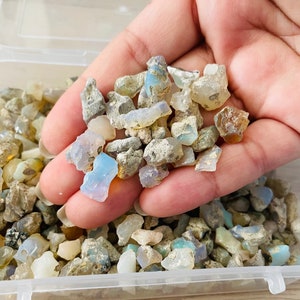 May include: A small plastic container filled with a variety of small, rough, iridescent opal stones. The stones are a mix of white, blue, and green.