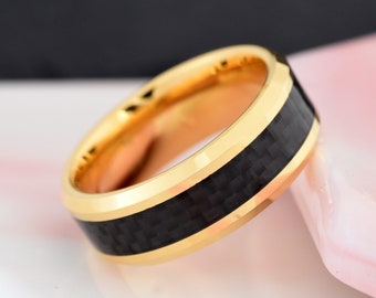 High Polished Gold Plated Tungsten Carbide Ring Men's Tungsten Wedding Band Black Carbon Fiber Inlay Laser Engraving 8mm Promise Ring