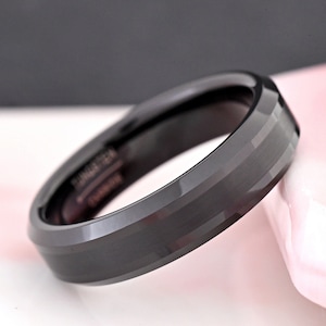 6mm Width Brushed Center Black Tungsten Carbide Ring Minimalist Wedding Band Laser Engraved Anniversary Ring Simple Engagement Ring Band