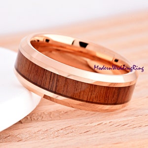 Wood Tungsten Ring / Mens 8mm Rose Gold Plated Tungsten Wedding Band / Engraved Anniversary Gift / Hawaiian Koa Wood Inlay Promise Ring