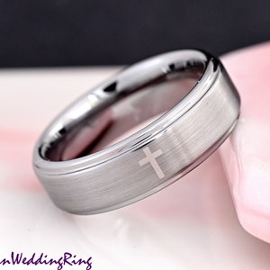 7mm Width Brushed Cross Engraved Around Tungsten Carbide Ring Minimalist Unique Men's Wedding Band Laser Engraved Promise Ring