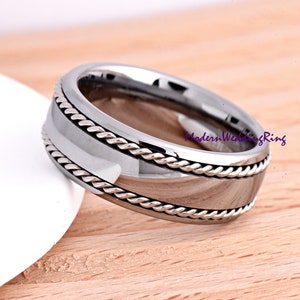 High Polished Tungsten Ring / Mens 8mm Silver Tungsten Wedding Band / Engraved Anniversary Gift / Two Ropes Inlay / Unique Promise Ring