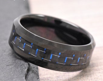 Mens Unique Wedding Band, Tungsten Ring, Men's Tungsten Band, Wedding Band Tungsten, Black & Blue Carbon Fiber, Mens Engagement Ring Engrave