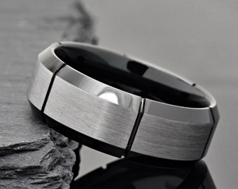 Unique Mens Ring, Mens Promise Ring, Wedding Band, Male Wedding Ring, Mens Anniversary Ring, Vertical Grooves Tungsten Ring Two Tone Brushed
