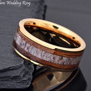 Gold Tungsten Men&#39;s Deer Antler & Whiskey Barrel Wood Inlay Unique Wedding Ring, Wood Antler Wedding Band, Hunters Mens Anniversary Ring