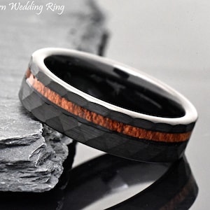6mm Hammered Wedding Band with Wood Inlay, Wedding Ring for Him, Black Tungsten Wedding Band Hawaiian Koa Wood Inlay, Unique Wedding Ring