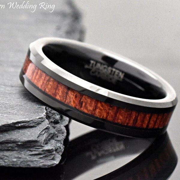 6mm Mens Wood Wedding Band, Wood Wedding Band Tungsten, Tungsten Wedding Band Mens, Hawaiian Koa Wood Inlay Black Personalized Ring Band