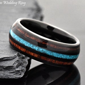 Mens Tungsten Wedding Band Black Hawaiian Koa Turquoise Inlay Tungsten Carbide Black Domed Classic Wedding Promise Ring Engraved