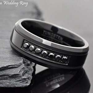 Black Tungsten with Black CZ  Wedding Band, Mens Tungsten Wedding Ring, Cubic Zirconia Centered Tungsten Carbide Engagement Ring Engraved