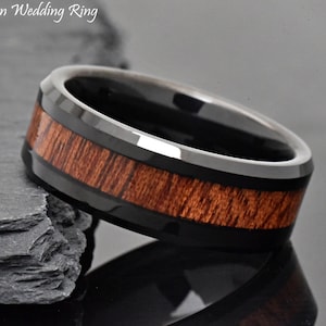 Mens Wedding Band, Tungsten Wedding Band Ring, Wedding Band Men, Anniversary Promise Ring for Him,Dark Mahogany Wood Inlay Mens Ring, Gift