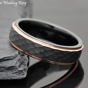 6mm Hammered Wedding Band, Men's Promise Ring, Men's Ring Rose Gold, Men's Ring, Black Tungsten with Rose Gold Edge Ring, Unique Ring