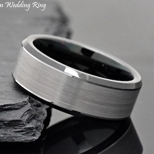 8mm Tungsten Wedding Band, Mens Tungsten Ring, Mens Promise Ring, Tungsten Brushed Center Beveled Edge, Laser Engraving Anniversary Ring