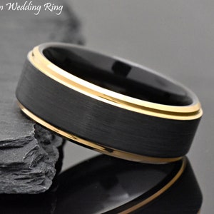 Gold & Black Wedding Ring, Men&#39;s Tungsten Wedding Ring, Men&#39;s Engagement Ring, Unique Two Tone Ring, Tungsten Wedding Band Men, Black Ring