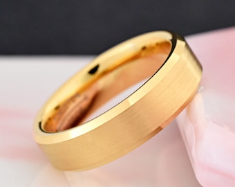 6mm Width Matte Brushed Yellow Gold Plated Tungsten Carbide Ring Minimalist Men's Wedding Band Laser Engraved Anniversary Promise Ring