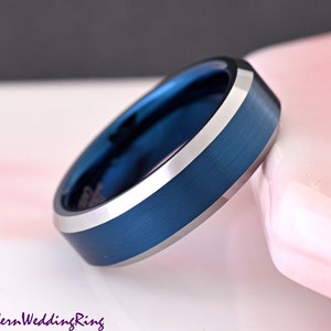 6mm Width Blue Tungsten Carbide Ring Steel Color Edge Men&#39;s Wedding Band Laser Engraved Promise Ring for Him Comfort Fit Anniversary Gift