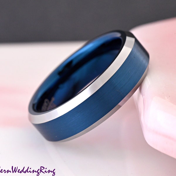 6mm Width Blue Tungsten Carbide Ring Steel Color Edge Men's Wedding Band Laser Engraved Promise Ring for Him Comfort Fit Anniversary Gift