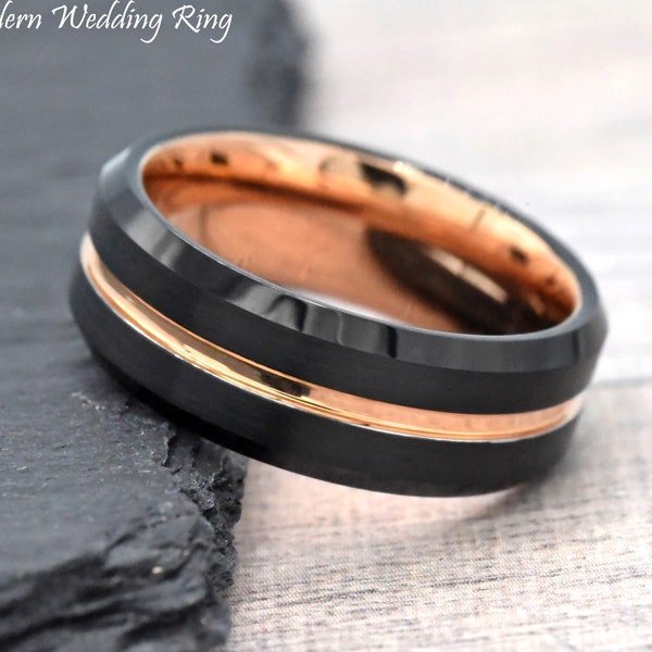 Grooved Rose Gold Plated Black Tungsten Ring, Male Wedding Band, Man Wedding Ring Tungsten, Tungsten Wedding Band Engraved, Promise Ring