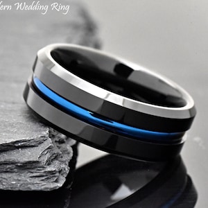 Mens Tungsten Wedding Band, Tungsten Ring, Mens Wedding Ring Tungsten, Black Tungsten Wedding Band, Cobalt Blue Stripe Centered Unique Ring
