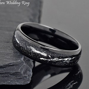 6mm Dome Black Wedding Ring Meteorite, Imitation Silver Color Meteorite Inlay, Men&#39;s Tungsten Wedding Band Meteorite, Engraved Promise Ring