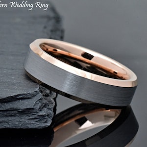 6mm Rose Gold Wedding Band, Tungsten Ring Rose Gold, Two Tone Engagement Ring, Women&#39;s & Men&#39;s Tungsten Ring, Brushed Center, Laser Engraved