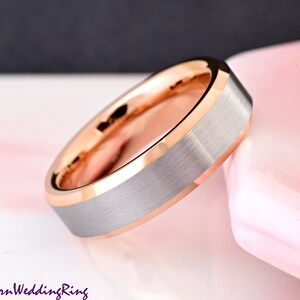 6mm Width Rose Gold Plated Tungsten Carbide Ring with Gunmetal Brushed Center Women&#39;s Men&#39;s Wedding Band Laser Engraved Promise Ring for Him