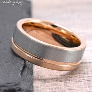 Rose Gold Pipe Cut Wedding Ring, Men&#39;s Pipe Cut Band, Male Rose Gold Ring, Unique Two Tone Ring, Engraved Anniversary Ring, Man Wedding Band