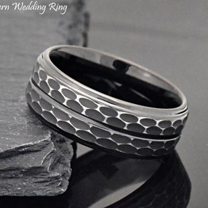 Tungsten Band, Men&#39;s Tungsten Wedding Band, Unique Animal Foot Print Pattern Ring, 8mm Ring, Black Tungsten Ring, Promise Ring for Him