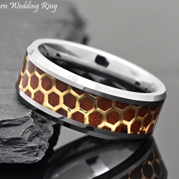 Honeycomb Pattern Wood Inlay Tungsten Engagement Ring, Mens Wedding Ring, Mens Unique Wood Anniversary Ring, Laser Engraved Tungsten Ring